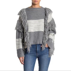 Moon River grey colorblock fringe sweater